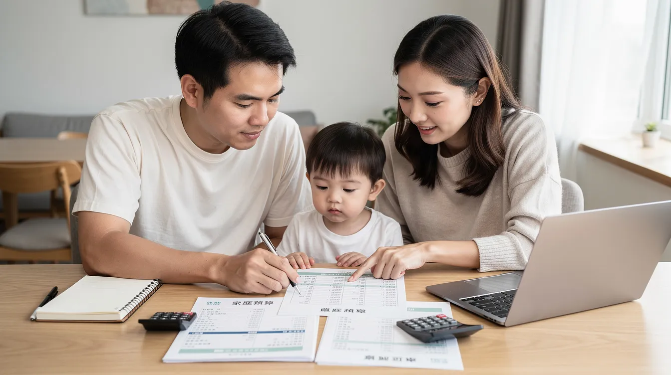 A young family is gathered around a dining table, reviewing their household budget together. They appear focused and engaged, discussing financial matters such as monthly repayments and loan applications, possibly considering options for a private loan.