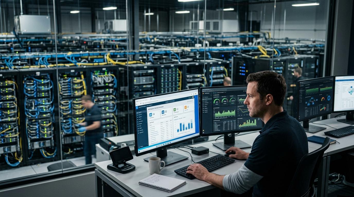 Realistic enterprise environment featuring browser-based virtual desktops delivering fast application access to remote users, alongside powerful cloud infrastructure running complex workloads with high reliability.