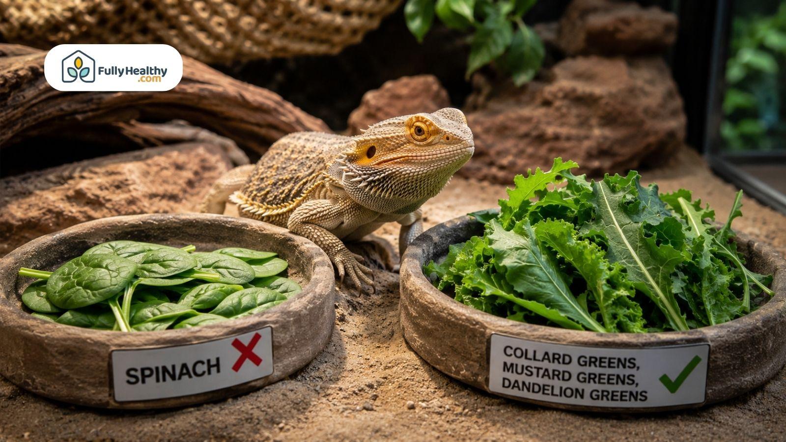 Bearded dragon comparing spinach with healthier calcium-rich leafy greens