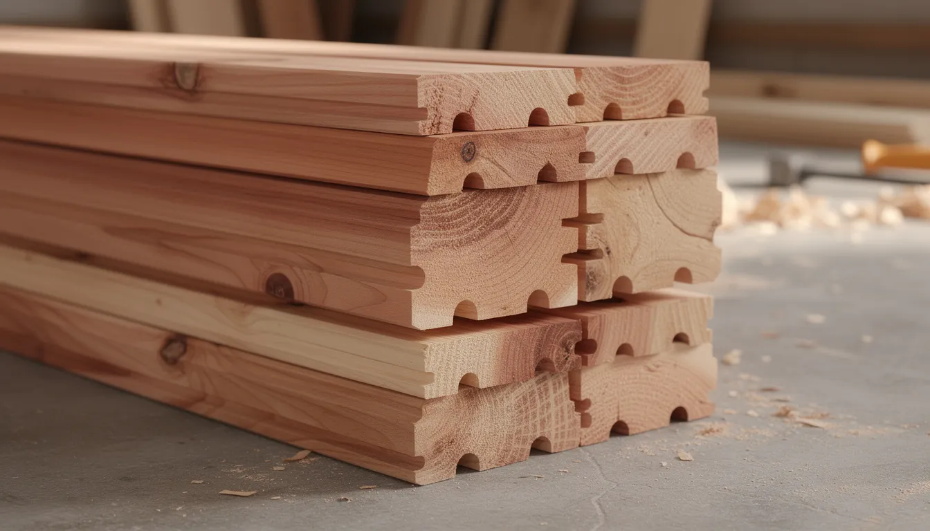 A stack of western red cedar lumber with tongue and groove profiles is neatly arranged, ready for sauna construction. This high-quality wood is ideal for building a traditional sauna, providing a natural and aromatic experience for your home sauna project.