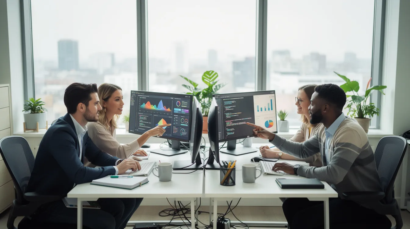 A small professional team is collaborating at desks equipped with multiple computer monitors in a modern office setting, focusing on enhancing client relationships and managing forex brokerage operations. The environment reflects a commitment to using advanced forex CRM software for effective client onboarding and retention strategies.