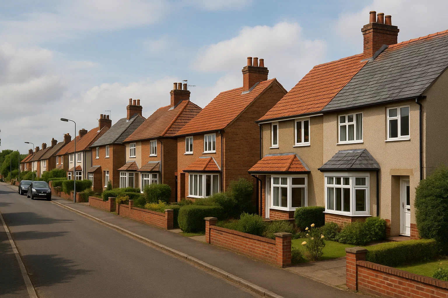 UK street with houses featuring slate roofs and clay tile roofs, showing different roofing choices.