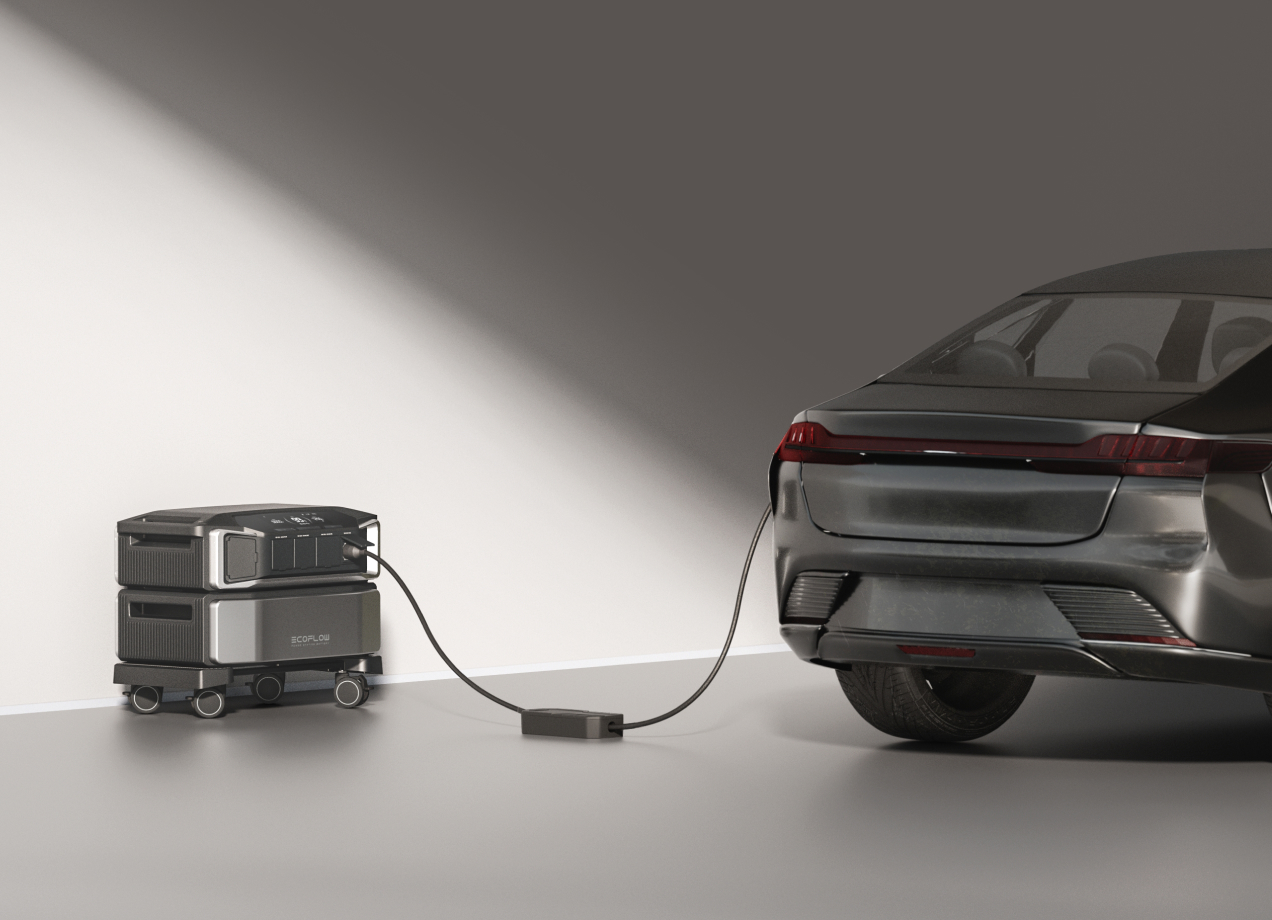 EcoFlow Delta Pro Ultra portable power station charging an electric car