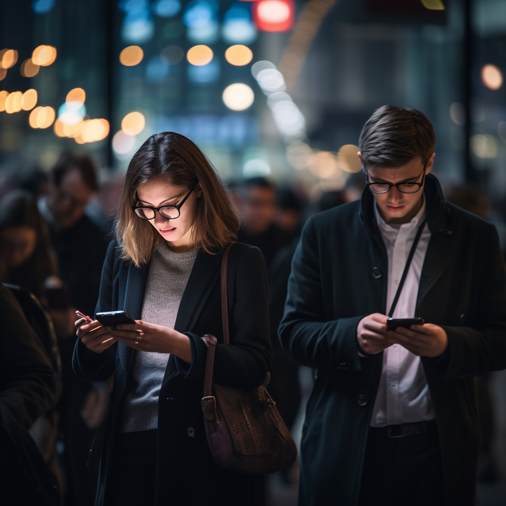 People distracted by their phones walking in the city at night. 