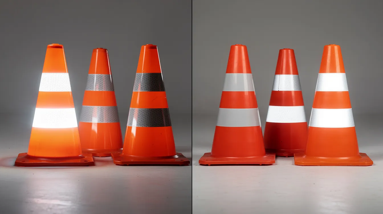 The image shows a side-by-side comparison of reflective traffic cones on the left and non-reflective traffic cones on the right, highlighting their differences in visibility and features. The reflective cones are designed to improve visibility for drivers and pedestrians, especially in low-light conditions, while the non-reflective cones are made from durable materials for daytime use.