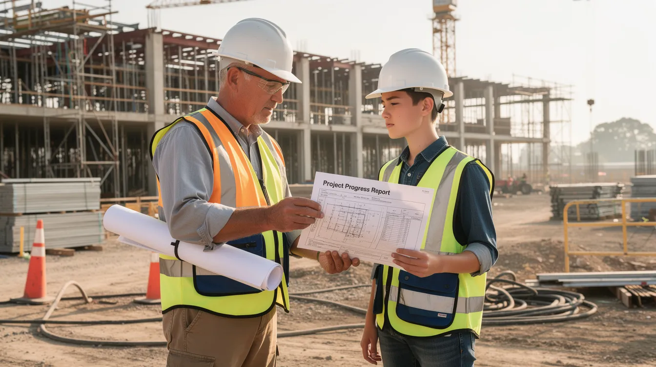 Construction supervisor reviewing progress documentation with apprentice at job site.