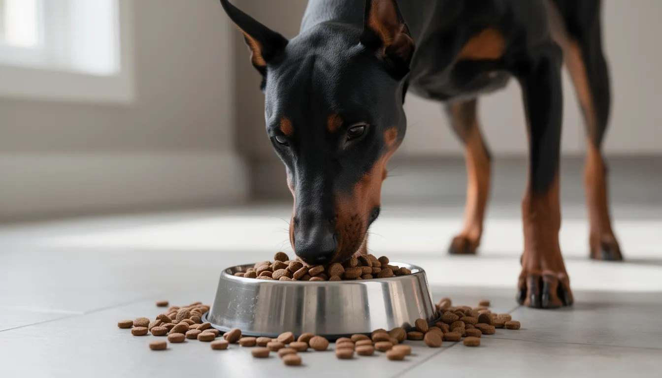 A Doberman Pinscher is happily eating high-quality kibble from a shiny dog bowl, showcasing its smooth black coat with distinctive rust-colored markings. This energetic dog, known for its loyalty and intelligence, enjoys a nutritious meal that supports its well-being.