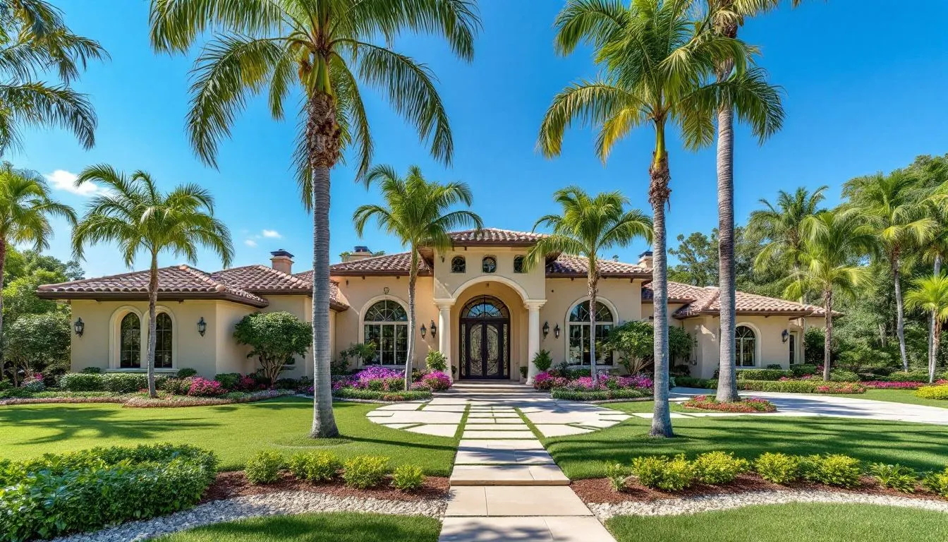 This image showcases a luxurious Mediterranean-style estate home, beautifully surrounded by palm trees and pristine landscaping. The property features expansive outdoor living spaces, including a sparkling swimming pool and a cozy covered entertaining area, perfect for both indoor and outdoor living.