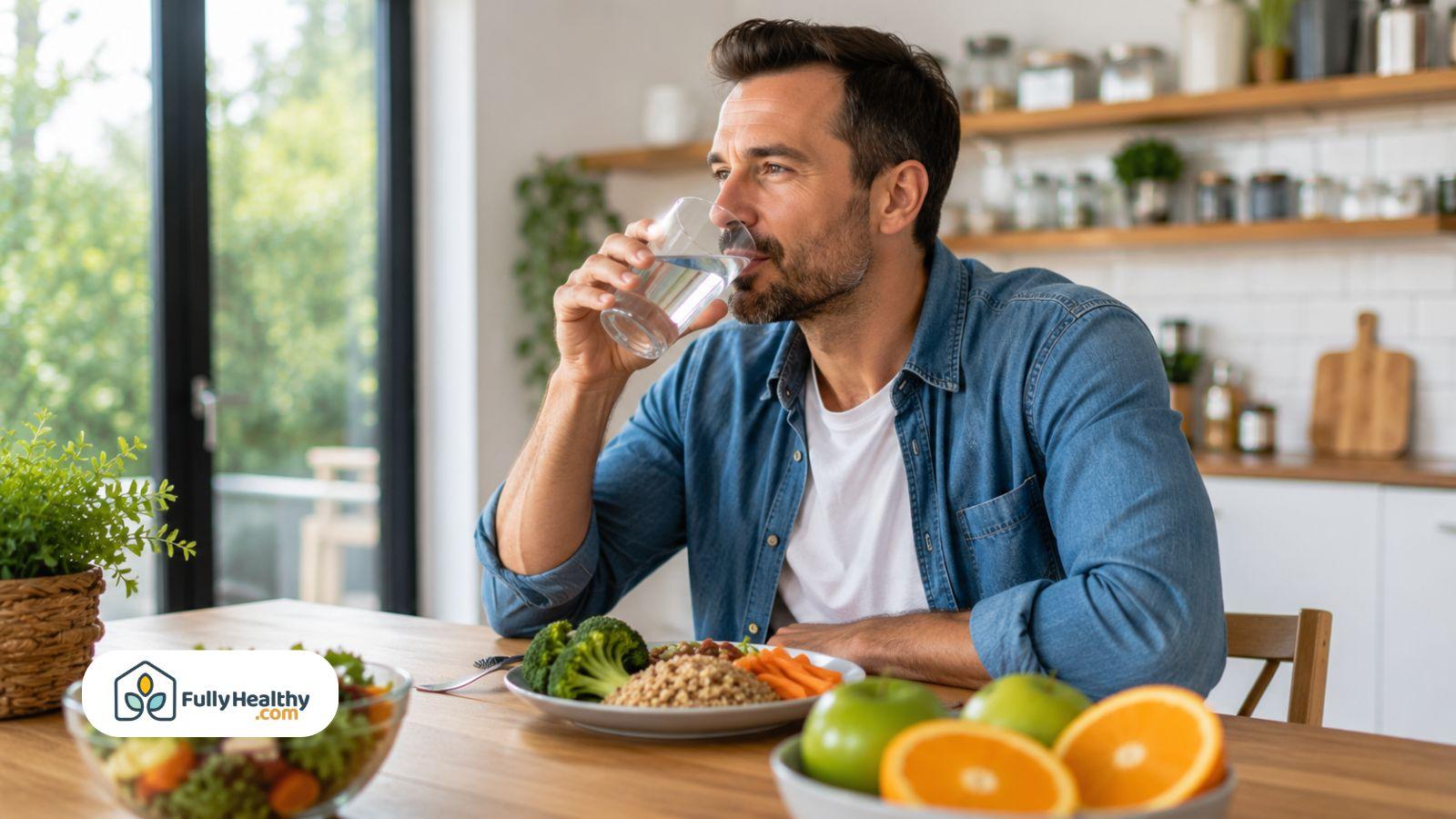 Man drinking water with balanced high-fiber meal to support healthy digestion naturally
