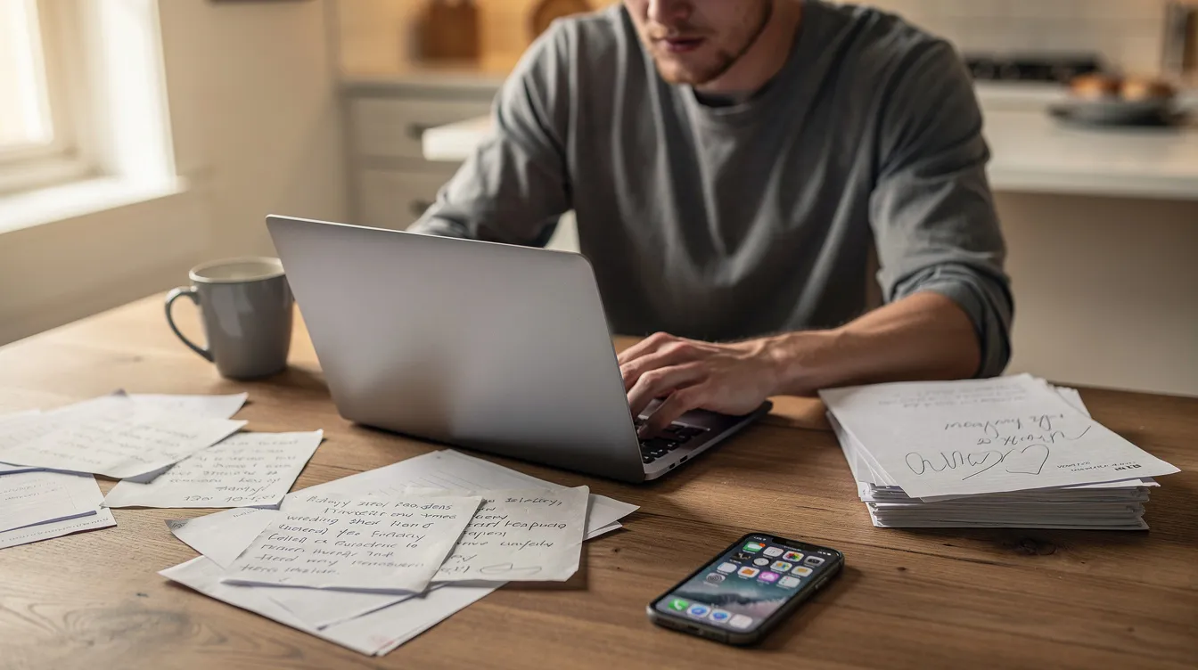 A person is working from home at a kitchen table, using a laptop with notes and a phone nearby, illustrating the concept of remote operations and the importance of having a business continuity plan in place for effective business operations. The scene reflects a typical setup for managing critical functions and ensuring operational continuity while working remotely.