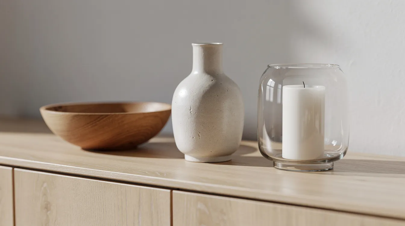 Een close-up van een dressoir met een houten schaal, een keramieken vaas en een glazen windlicht, die samen een stijlvol geheel vormen. De combinatie van verschillende hoogtes en materialen geeft een speels effect aan de dressoir decoratie, perfect voor een persoonlijk interieur.