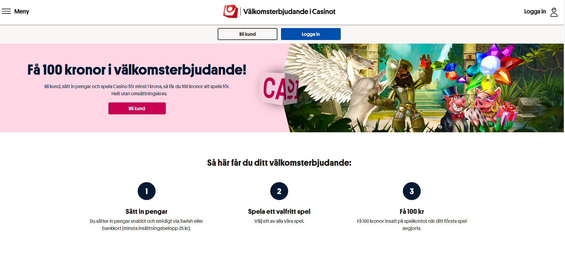 Svenska Spel Casino bonus – få 100 kr utan omsättningskrav.