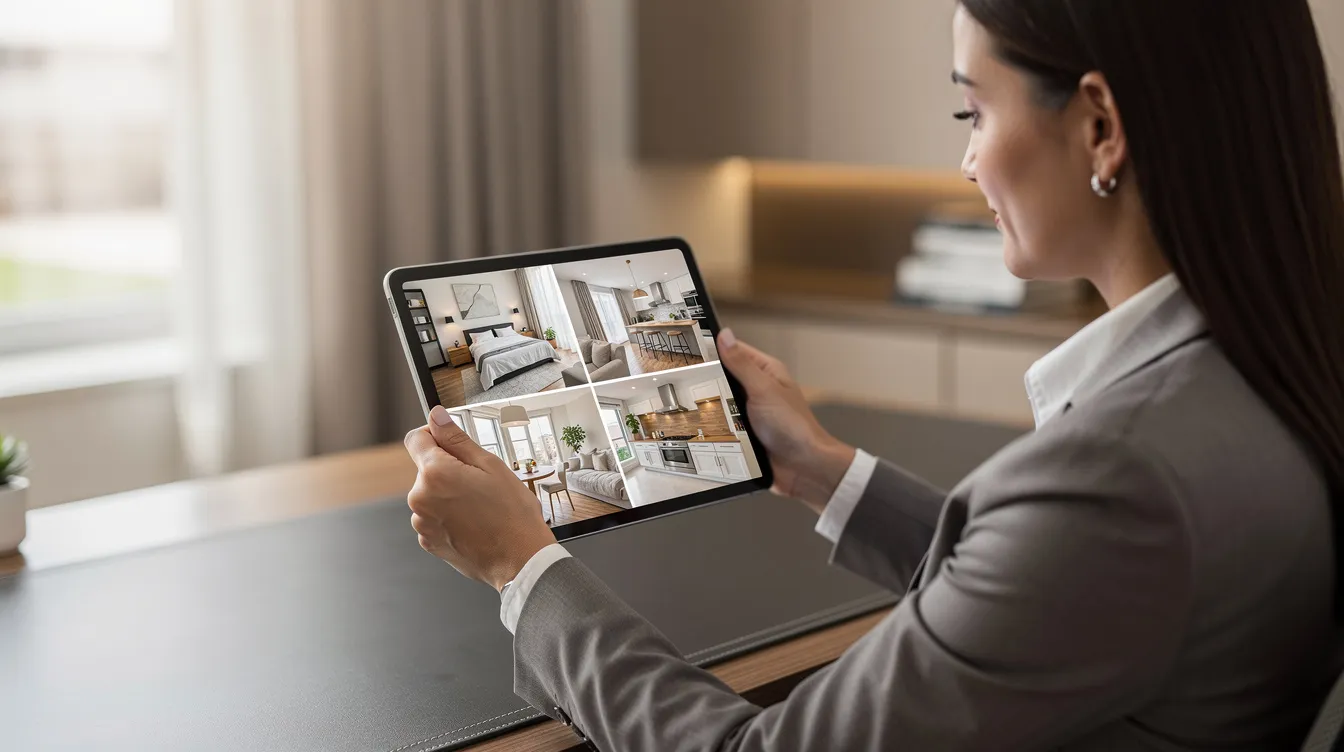A real estate agent is intently reviewing a portfolio of beautifully staged home photos on a tablet device, showcasing effective real estate marketing strategies to attract potential buyers. This scene highlights the importance of digital marketing tools in the real estate business for building a strong personal brand and engaging with clients.