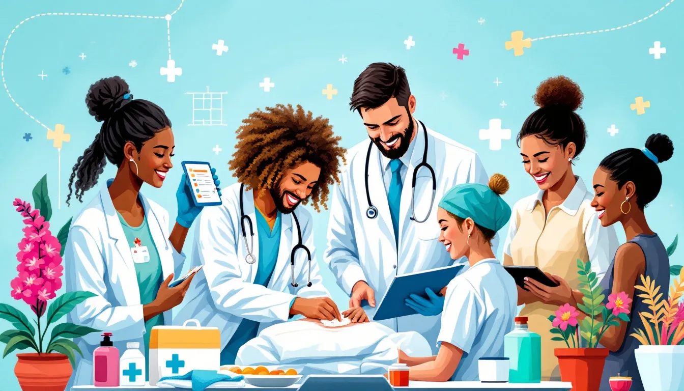 A team of healthcare professionals collaborating to provide wound care, emphasizing their commitment to exceptional services.