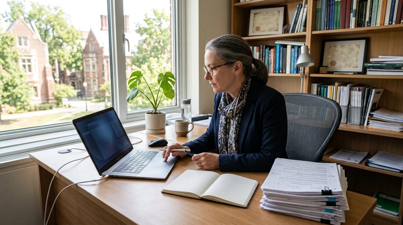 Photorealistic university professor efficiently reviewing digital student assignments on a laptop while a neatly organized stack of graded papers sits beside them.