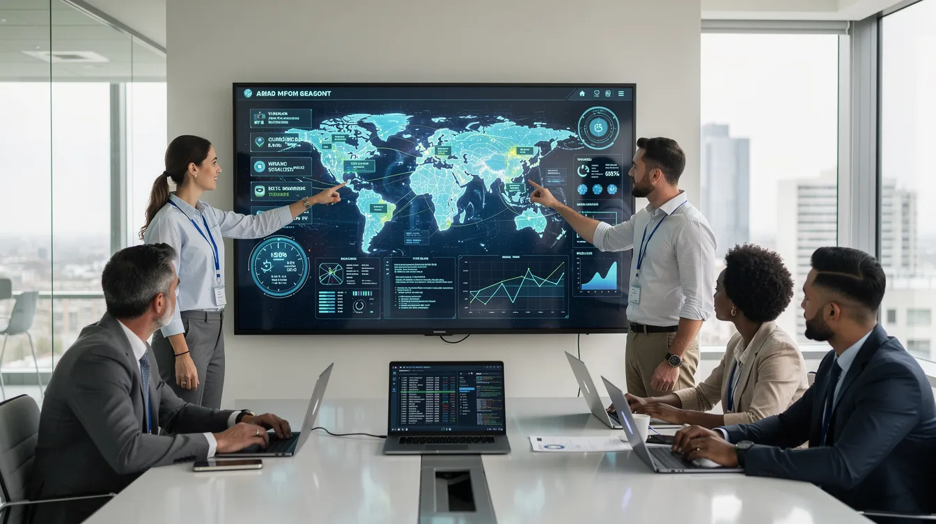 The image depicts a diverse team of cybersecurity professionals actively collaborating around a large digital display in a bright office environment, focusing on security operations and threat detection. They are analyzing incoming security data using various security tools to enhance their incident response capabilities and improve their overall security posture against complex threats.