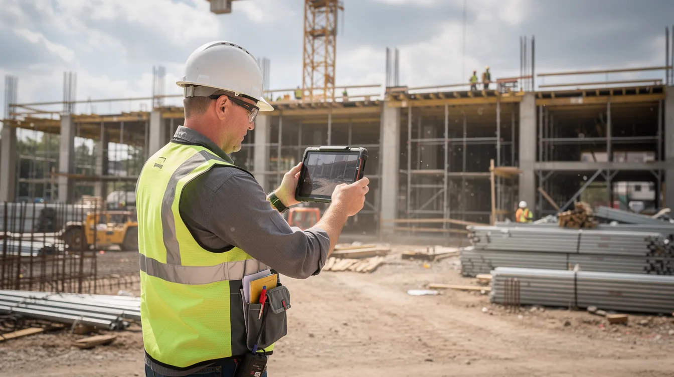 A superintendent stands on a bustling construction site, using a tablet to photograph and document job conditions, ensuring clear communication with the project team regarding any unforeseen site conditions. This detailed documentation is essential for managing the construction project effectively and keeping all parties involved on the same page about the project scope and potential changes.