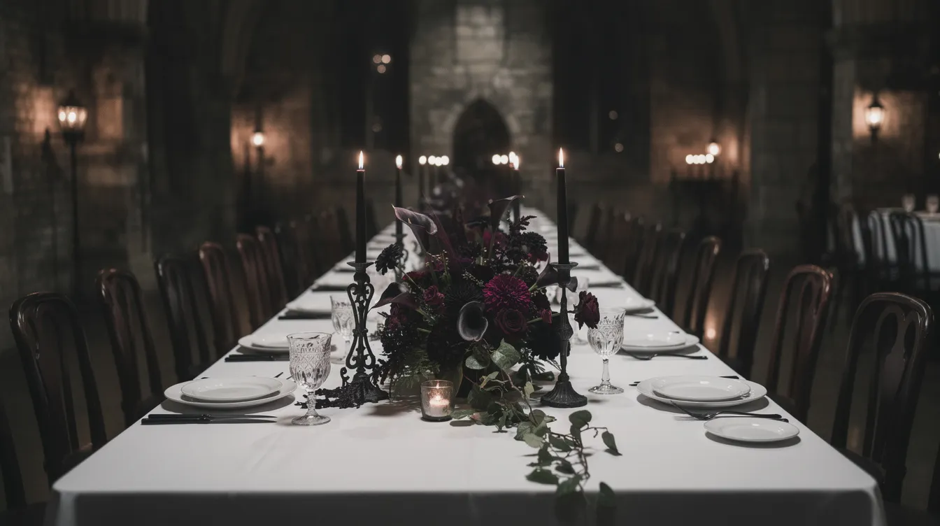The image depicts a moody gothic wedding table setup featuring dark purple and black flowers, elegantly arranged alongside black taper candles, all set against crisp white linens in a dimly lit venue. The combination of dark colors and soft lighting creates a romantic yet dramatic atmosphere, perfect for a unique wedding celebration.