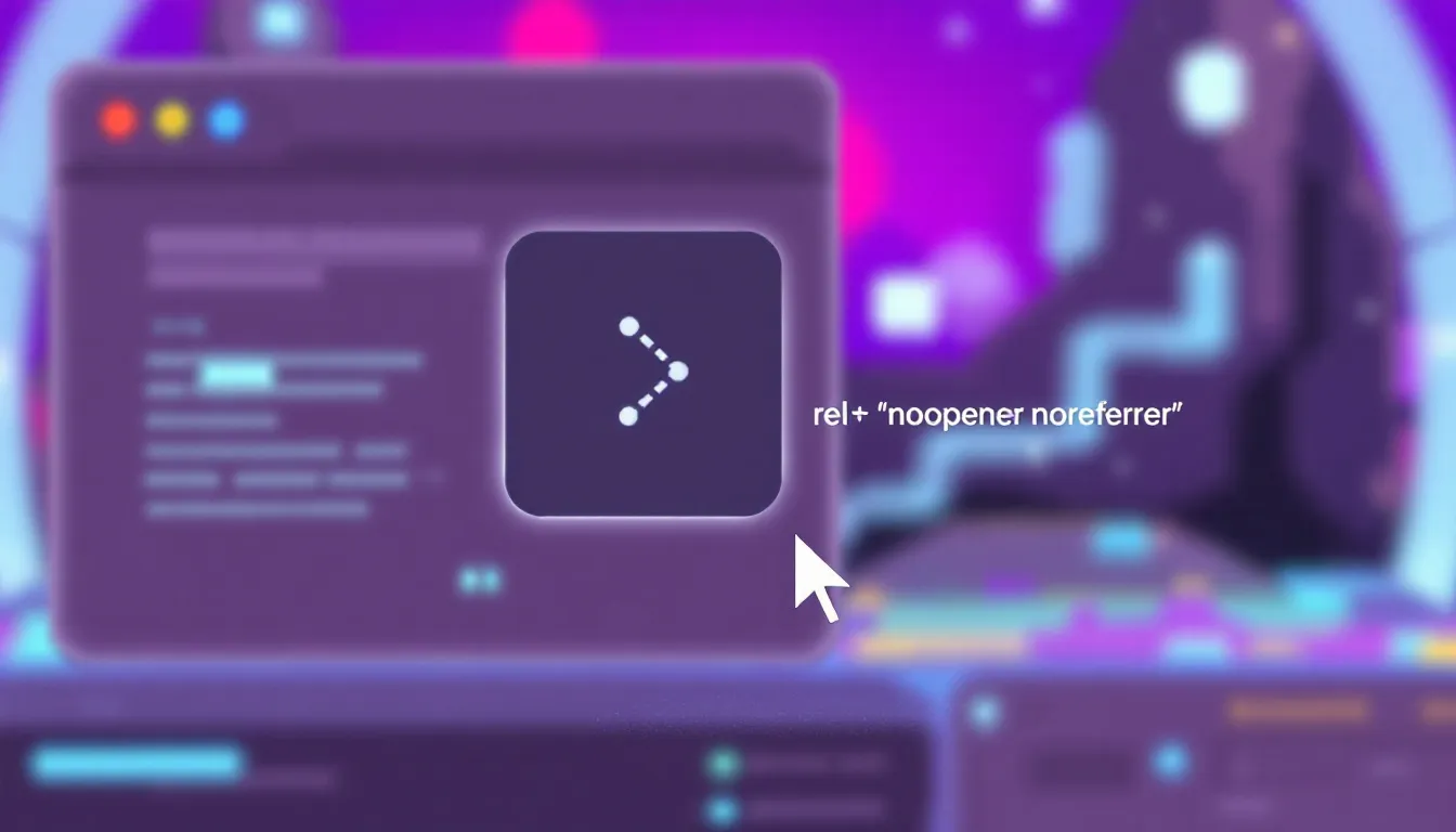 An illustration showing the concept of rel='noopener noreferrer' for external links with a blurred webpage in the background.