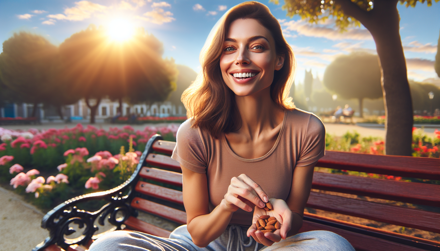 A woman enjoying a mid-morning snack of almonds