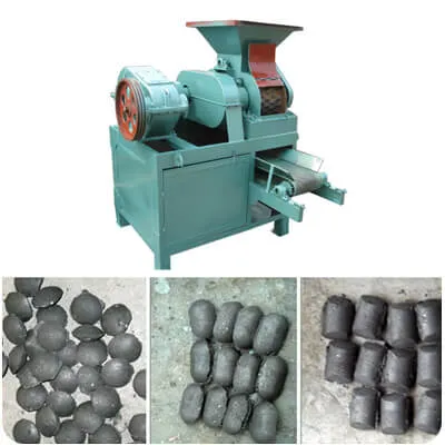 Coal crusher machine producing different shapes of charcoal briquettes