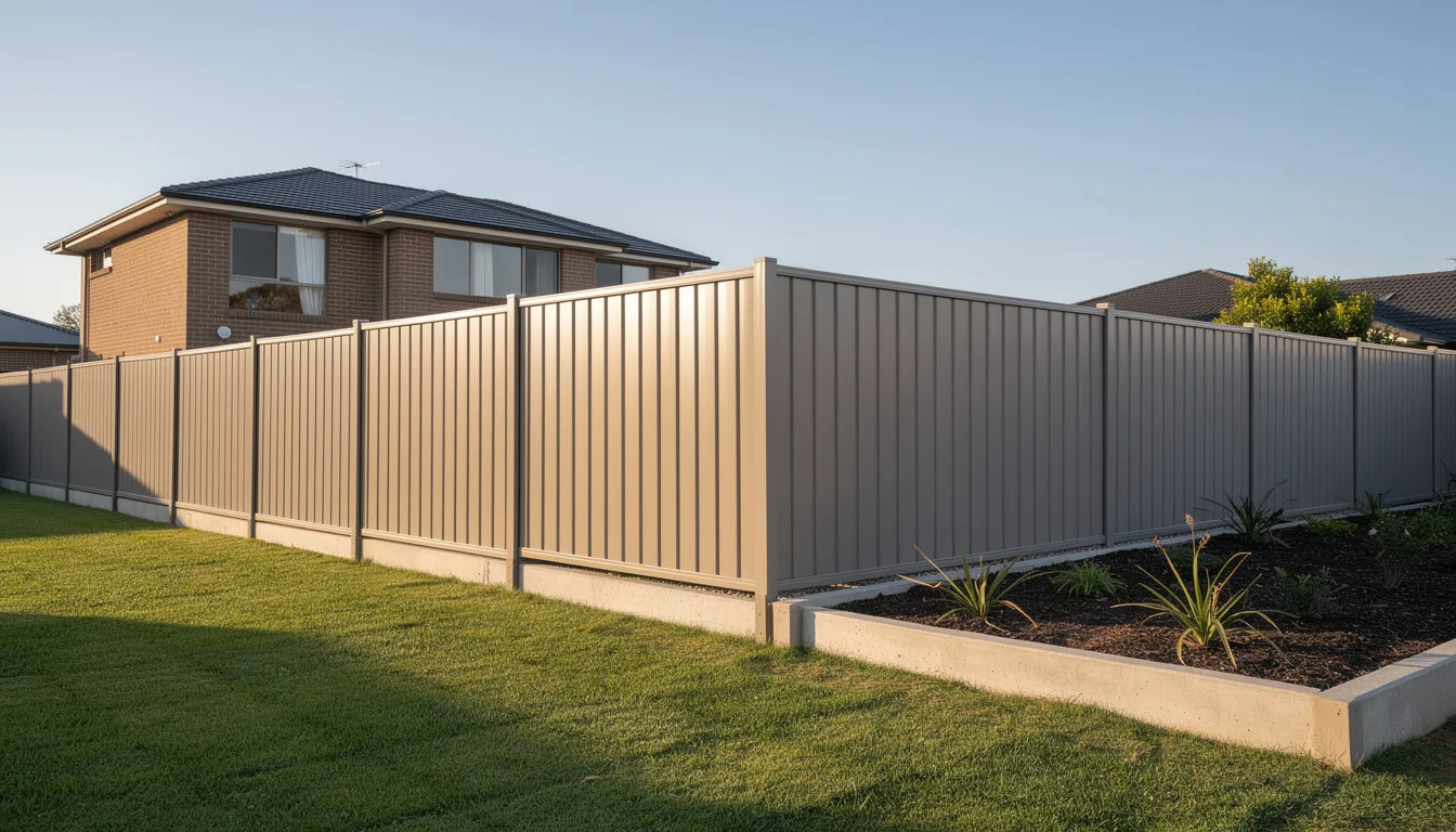 The image depicts a completed colorbond fence with clean lines, neatly installed along a residential boundary, showcasing quality craftsmanship and durability. This low maintenance fencing solution enhances the property's aesthetic appeal while providing security and privacy for the outdoor space.