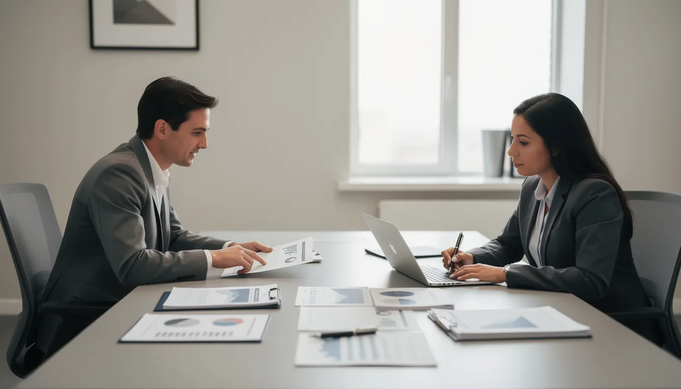 Deux personnes sont assises dans un bureau, discutant sérieusement autour de documents liés à des investissements en cryptomonnaies. Cette consultation professionnelle semble concerner des conseils sur les risques d'arnaques et de fraudes dans le domaine des crypto actifs.