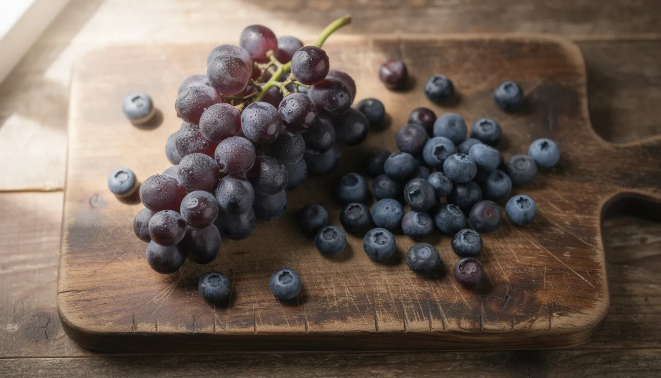 The image features fresh dark purple grapes and blueberries beautifully arranged on a rustic wooden cutting board, highlighting their natural appeal and health benefits. These fruits can be part of a healthy diet that supports better sleep and overall health, making them a great addition for those seeking to improve sleep quality and reduce stress.