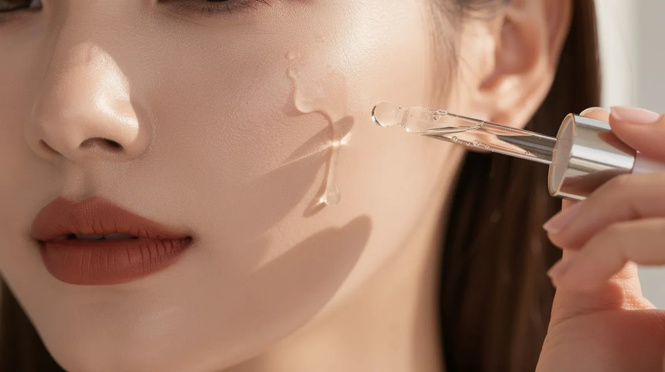 A close-up image shows a woman with clear skin applying a few drops of vitamin C serum to her cheek in bright natural daylight, highlighting her even skin tone and the glow of youthful, healthy skin. This scene emphasizes the importance of an anti-aging skincare routine, particularly for those concerned about fine lines and maintaining a radiant complexion.