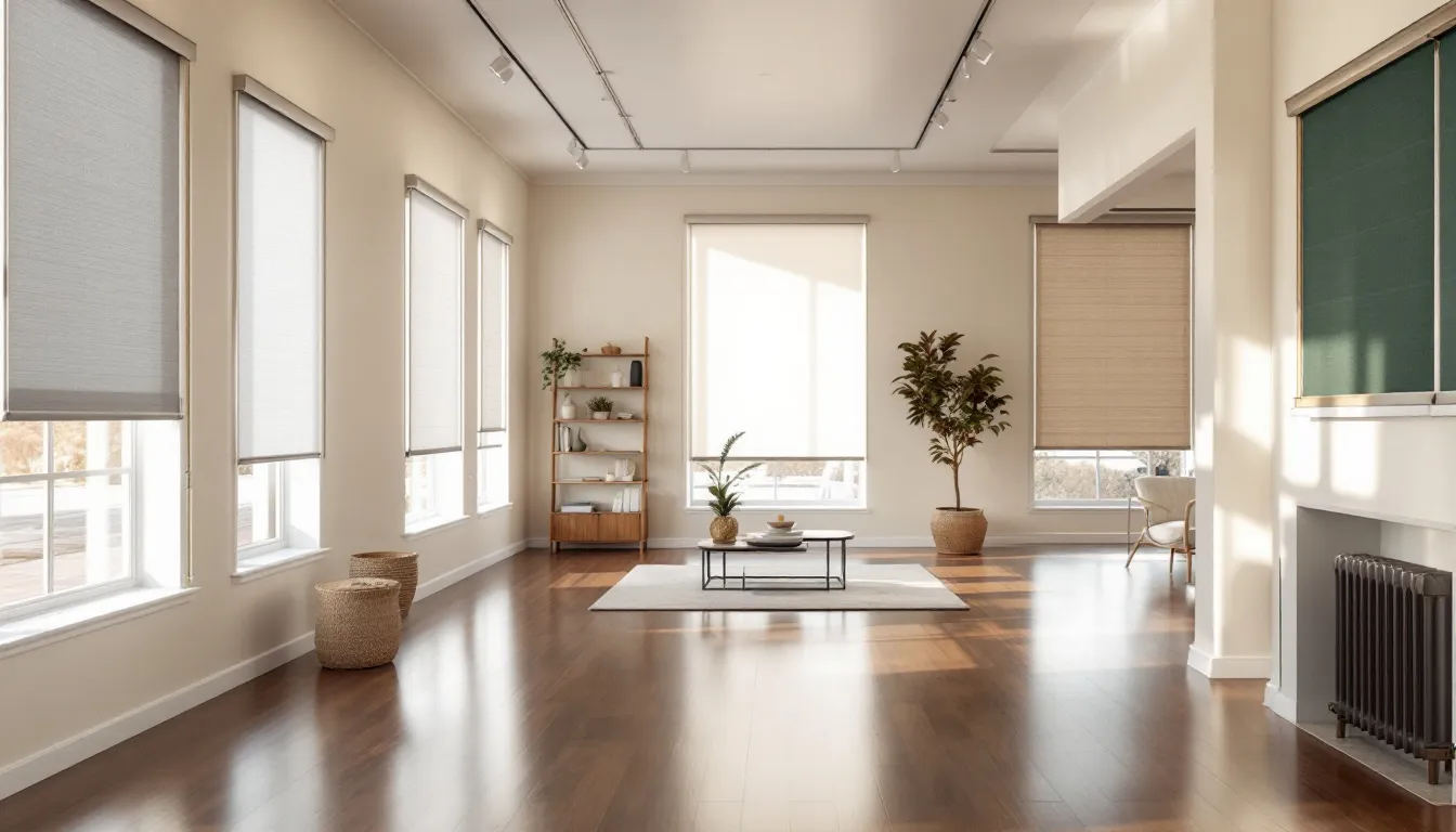 Different types of roller shades displayed in a showroom.