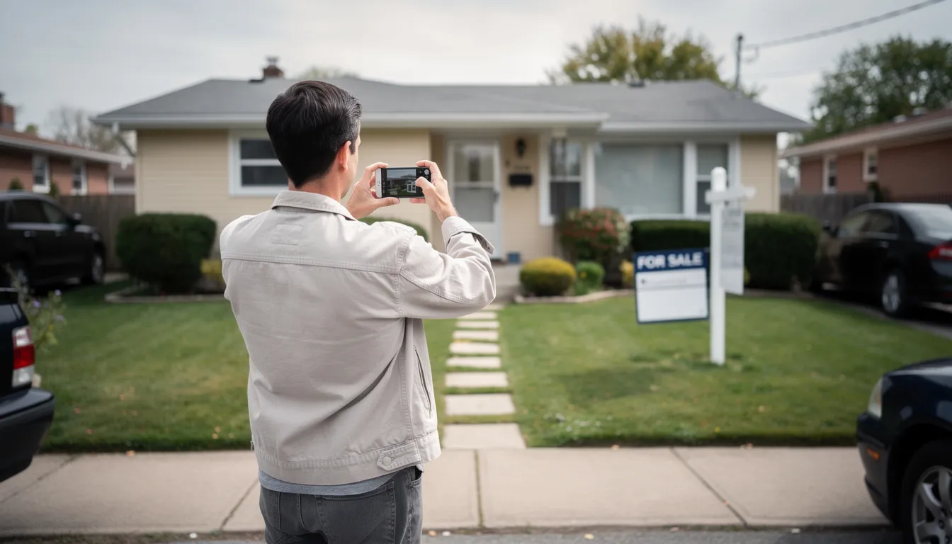 Person photographing a residential property, exploring off market opportunities.