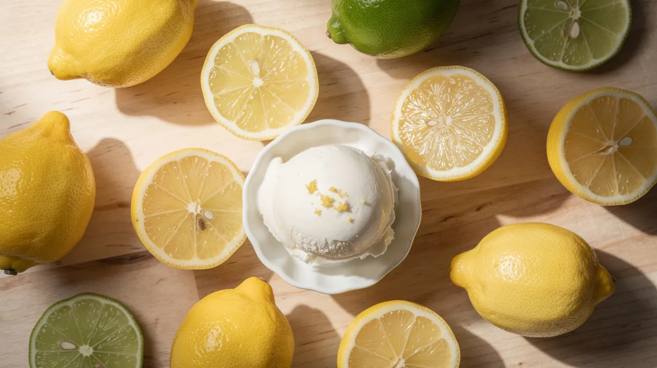 The image features a vibrant arrangement of fresh lemons and lime slices alongside a small bowl of creamy vanilla ice cream, all set on a light wooden surface. This colorful display evokes the refreshing flavor profile of lemon gelato, inviting a sense of sweetness and citrusy aroma.