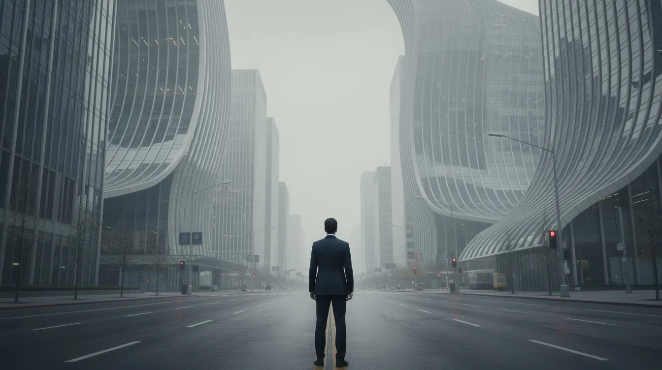Ein einzelner Mann im Anzug steht auf einer breiten Straße und blickt auf Hochhäuser, die sich links und rechts wie Wellen nach oben biegen. Die Szene erinnert an die surrealen Traumwelten aus dem Film "Inception" von Christopher Nolan, in der Realität und Traum miteinander verschmelzen.