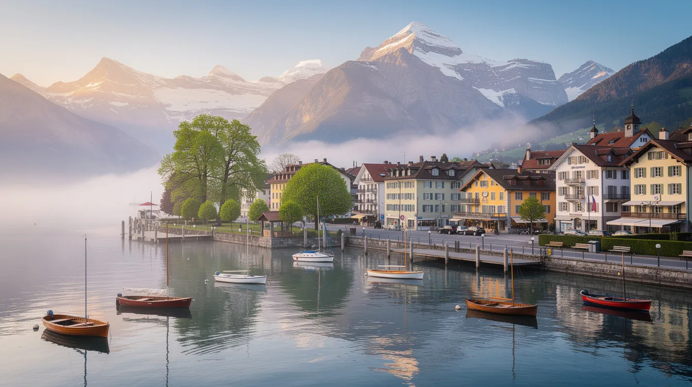 The image depicts a picturesque Swiss lakeside city surrounded by snow-capped mountains, with boats gently floating on the calm water, reflecting the serene beauty of one of the most expensive cities in the world. This tranquil setting highlights the high living costs and luxurious lifestyle often associated with Swiss cities.