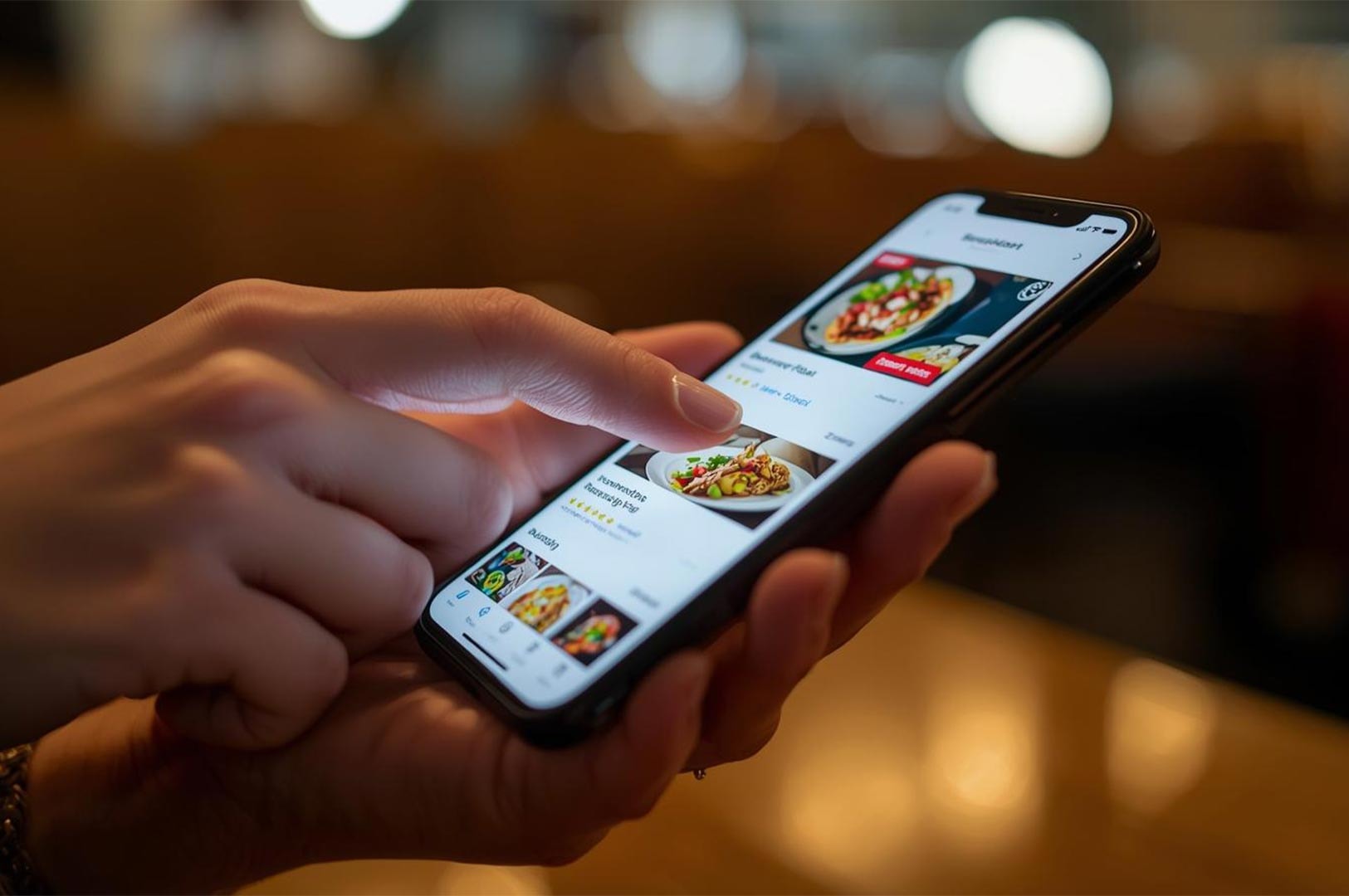 Close-up of a person's hands scrolling through a digital menu with food photos on a mobile delivery app.
