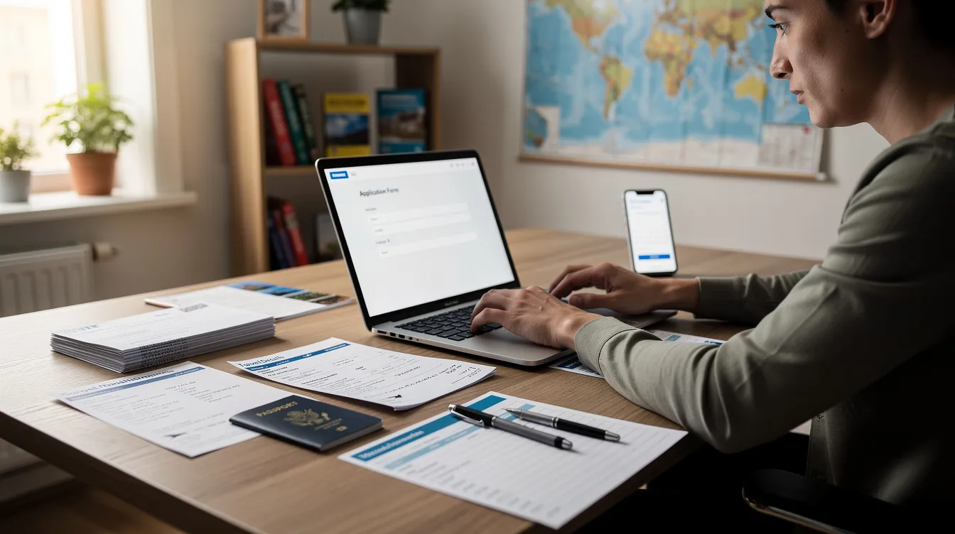 A person is sitting at a desk with a laptop open, surrounded by various travel documents, as they prepare an online application for a tourist visa. The scene captures their focus on completing the necessary paperwork to ensure compliance with visa requirements for their upcoming trip to New Zealand from Ireland.