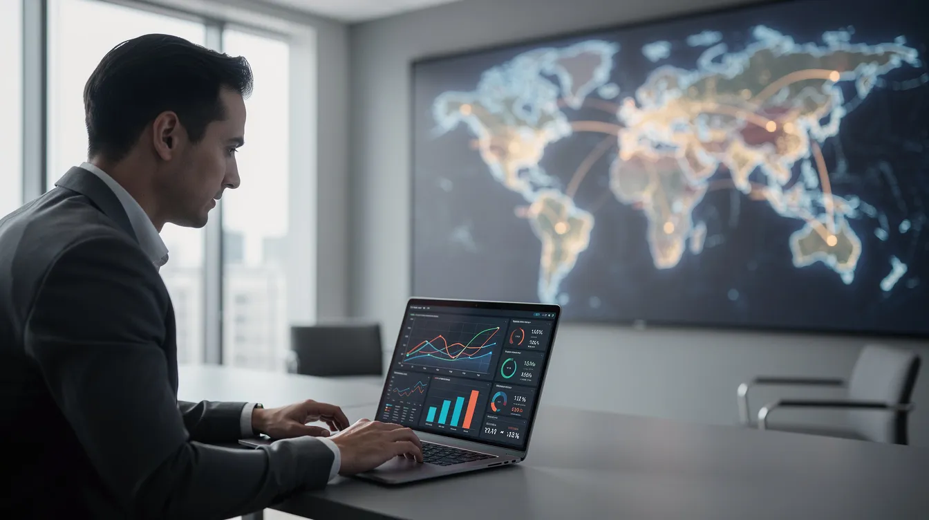 A business professional is intently reviewing financial dashboards on a laptop, with a world map displayed in the background, symbolizing international payments and cross-border transactions. This scene highlights the importance of managing multiple currencies and understanding account details for effective business operations.