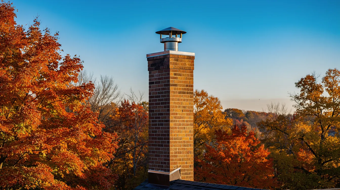 The image features a brick chimney topped with a metal chimney cap, surrounded by vibrant autumn-colored trees under a clear blue sky. This scene highlights the importance of a fall home maintenance checklist, reminding homeowners to inspect their heating systems and ensure their chimneys are in tip-top shape before winter weather arrives.