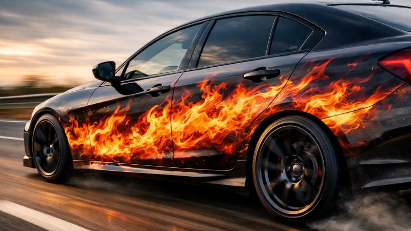 A car zooming past having fire design at the side pannels