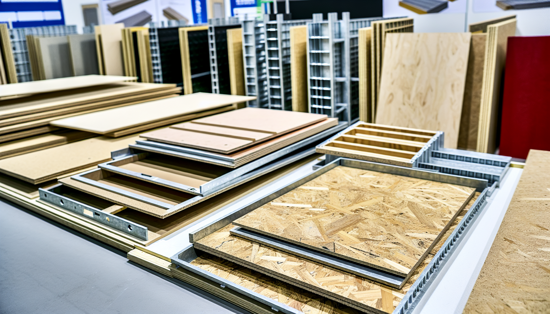 Assortment of plywood, MDF, and metal form boards