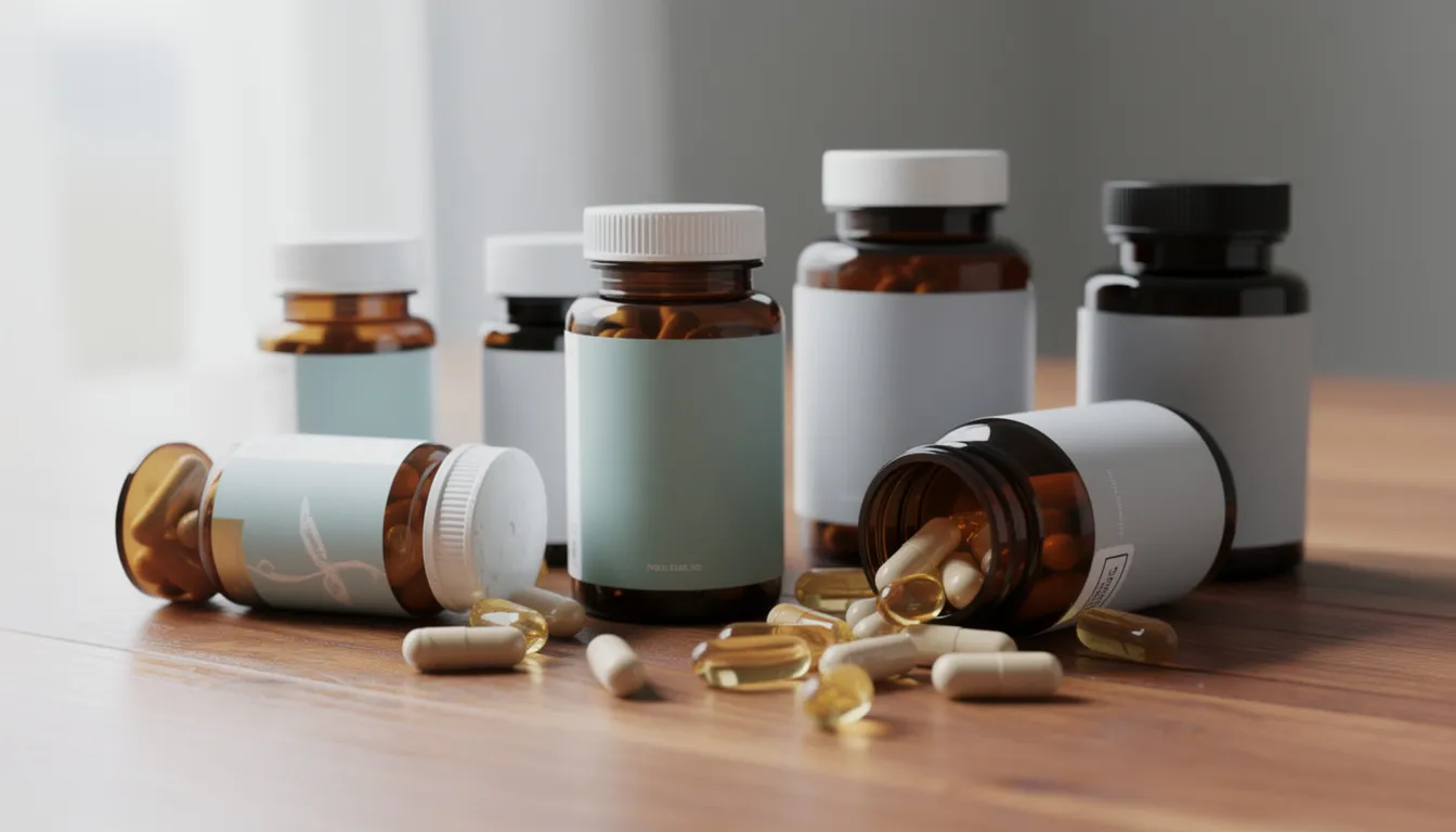 The image features various bottles of NMN supplements and capsules neatly arranged on a wooden surface, illuminated by natural light. These dietary supplements are designed to support cellular health, boost energy production, and promote healthy aging through nicotinamide adenine dinucleotide (NAD) levels.
