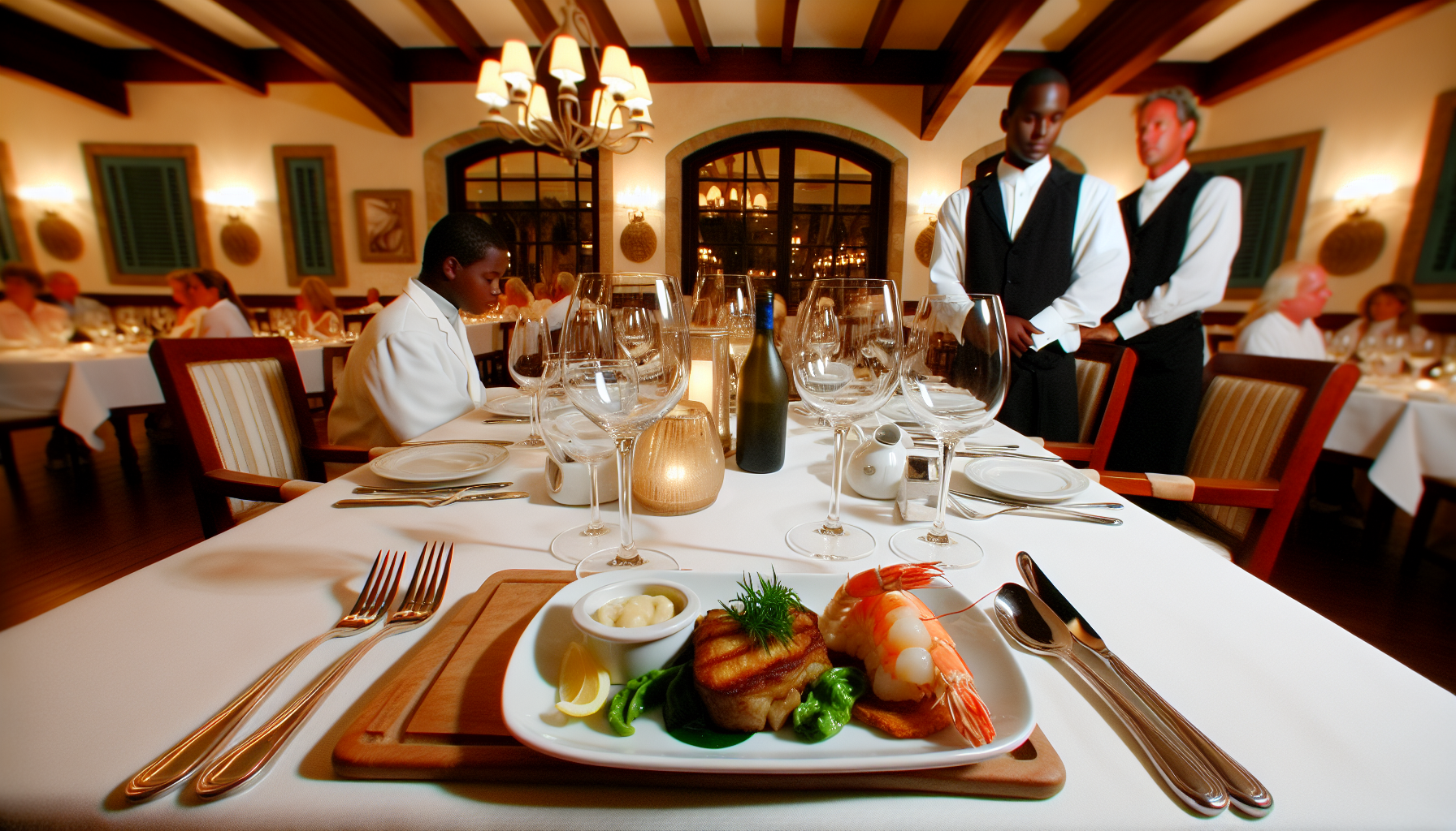An elegant fine dining setting with a focus on seafood and steak in Destin