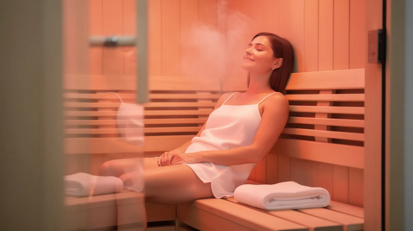 A person is seen relaxing comfortably inside an infrared sauna, eyes closed, enjoying the benefits of infrared heat for muscle relaxation and stress reduction. The sauna utilizes energy-efficient carbon and ceramic heaters, providing even heat distribution and consistent warmth throughout the cabin.