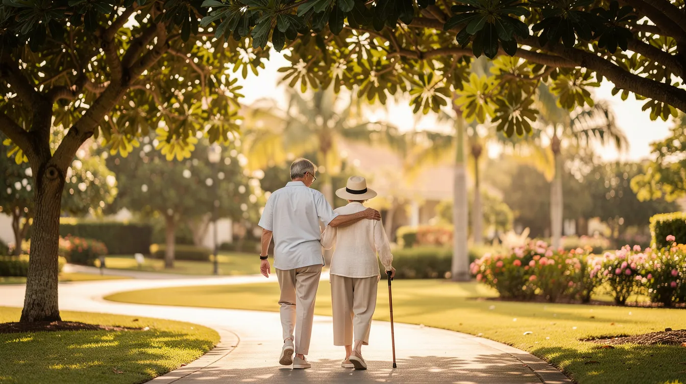 A caregiver and an elderly person stroll together along a tree-lined path in a warm climate, symbolizing the importance of companionship for both physical health and emotional well-being. This scene highlights the need for respite care services to support family caregivers in managing caregiver stress and maintaining their own health while fulfilling caregiving responsibilities.