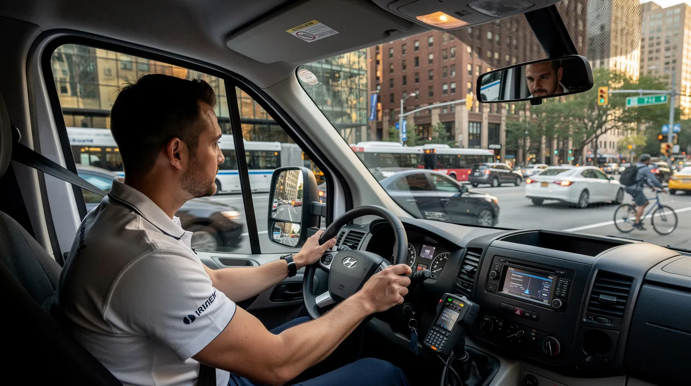 A delivery driver is seated in the driver's seat of a van, intently checking the mirrors while navigating through busy city traffic. The image emphasizes the importance of safe driving habits, such as staying focused and maintaining a safe distance from other vehicles to prevent motor vehicle crashes.