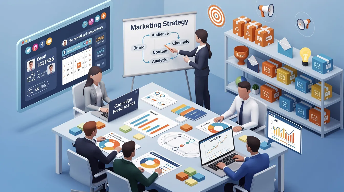 The image depicts a group of successful leaders engaged in a dynamic discussion about innovative marketing strategies, highlighting the importance of effective leadership and emotional intelligence in driving business success. The scene emphasizes collaboration among senior leaders as they explore inbound marketing and event marketing techniques to enhance brand loyalty and customer interest.