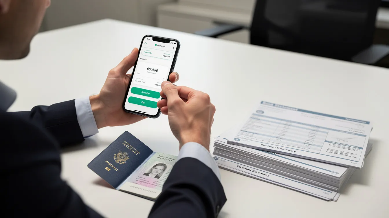 A person is sitting at a desk, using a smartphone to check an online banking application, with a passport and various documents nearby. This scene suggests they are preparing for an international money transfer, possibly using ICICI Bank's services to send money abroad.