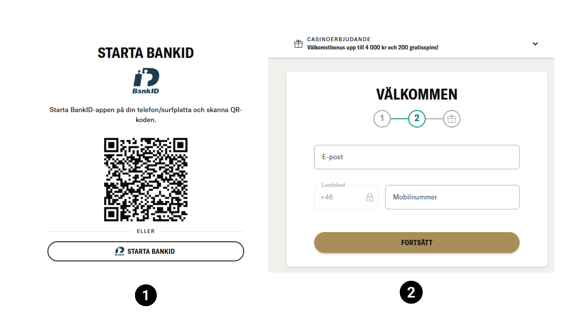 Registrering med BankID och e-post och mobilnummer hos BetMGM.