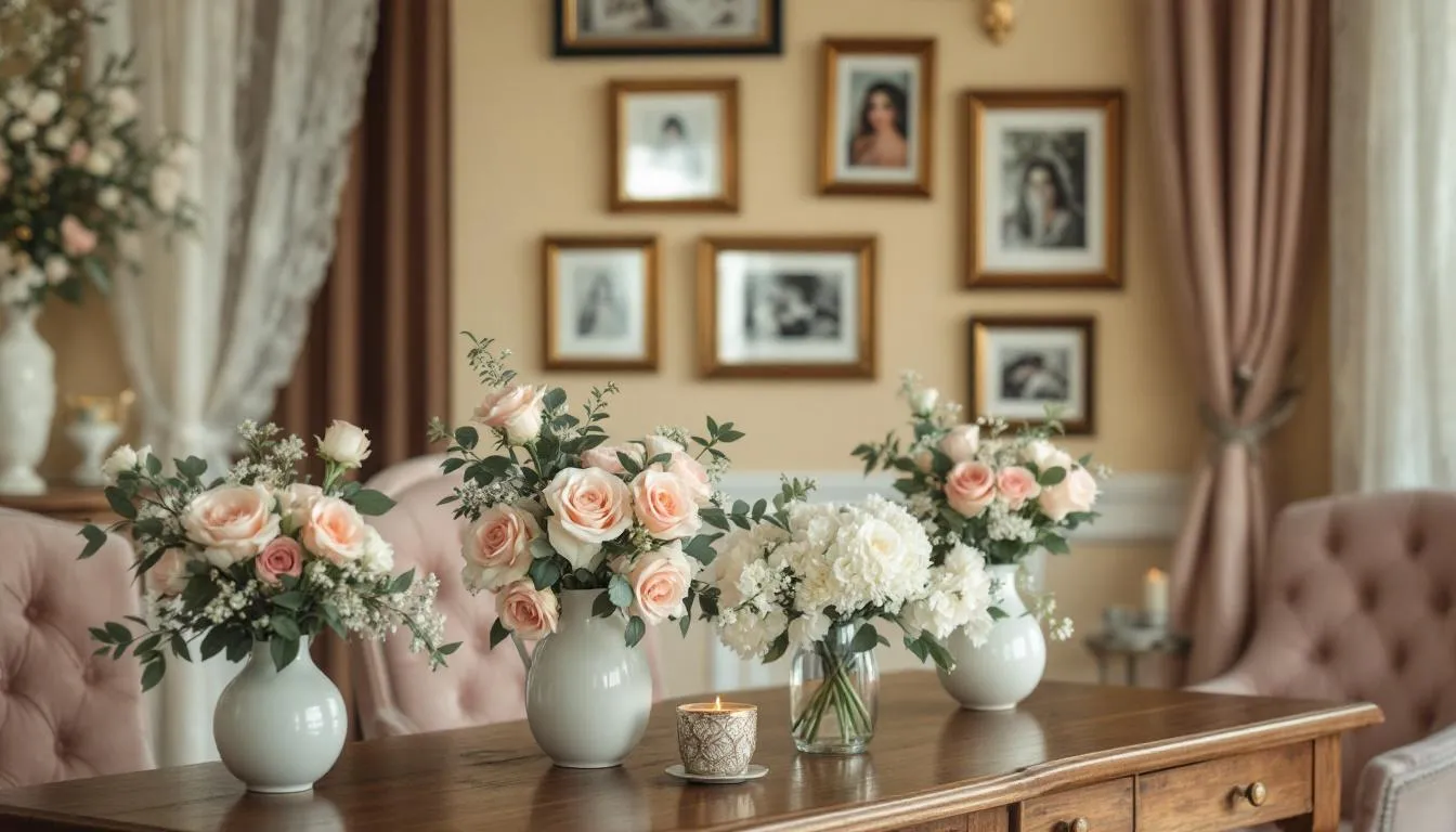 The image depicts a beautifully decorated bridal preparation room, featuring fresh flowers, personal photos, and elegant decor that creates a warm and romantic atmosphere for the bride on her special day. The setup includes tasteful details that reflect a unique style, perfect for weddings in Melbourne and the Yarra Valley.