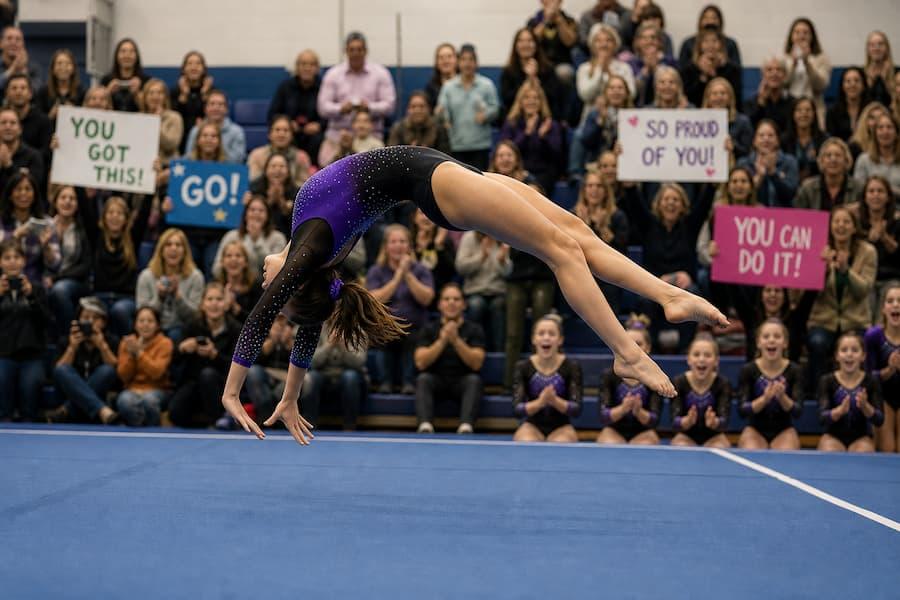 Gymnast performing a back handspring at a highly energetic fundraising flip-a-thon event.